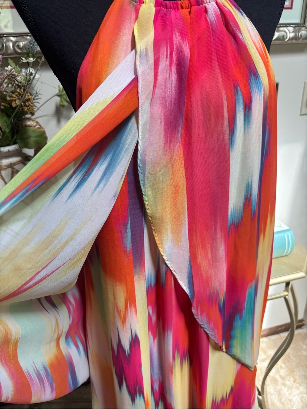 BISOU BISOU Vibrant Multi-Color Halter Layered Mini Dress Sheer Chiffon Size 14 - Picture 5 of 9